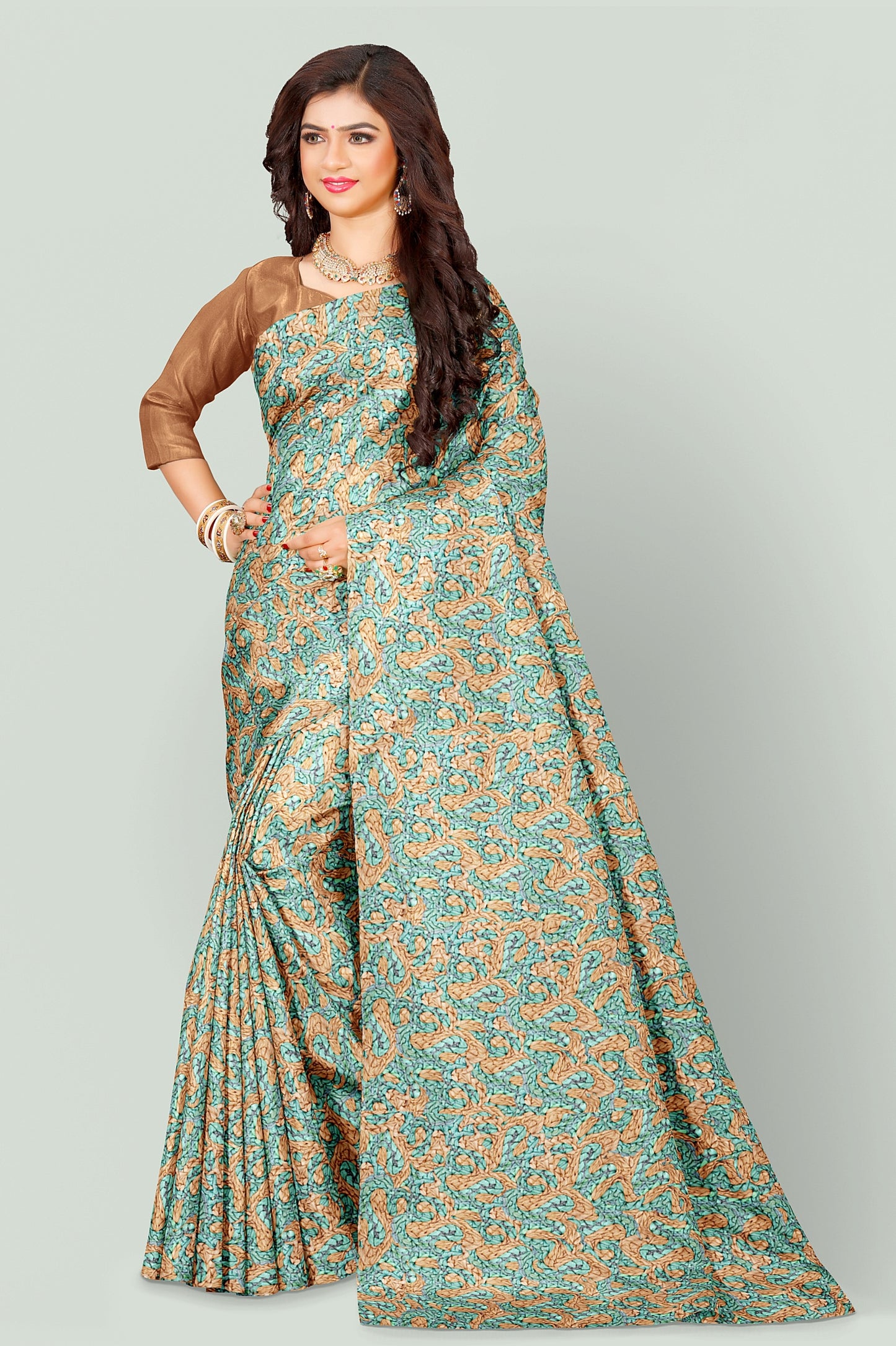 Hand-doodled turquoise blue patterned saree
