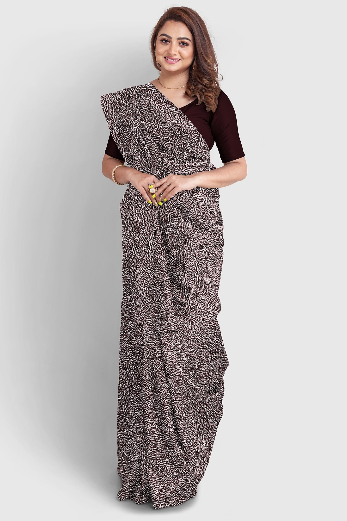 Hand-doodled dark brown patterned saree