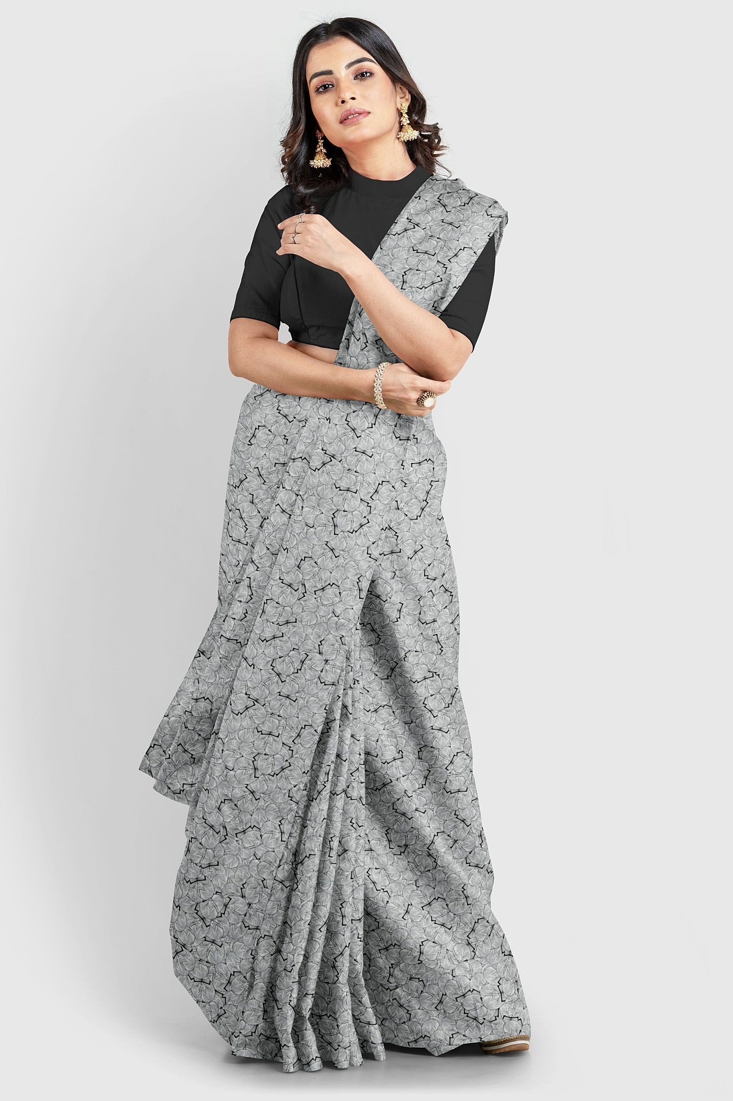 Hand-doodled gray patterned saree